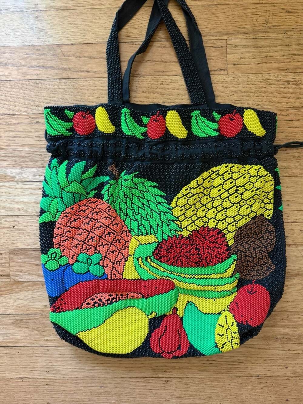Vintage Beaded Tropical Fruit Drawstring Tote Bag 14x13